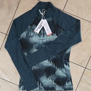 Smartwool Dark Teal Forest Print Zip Collar Top